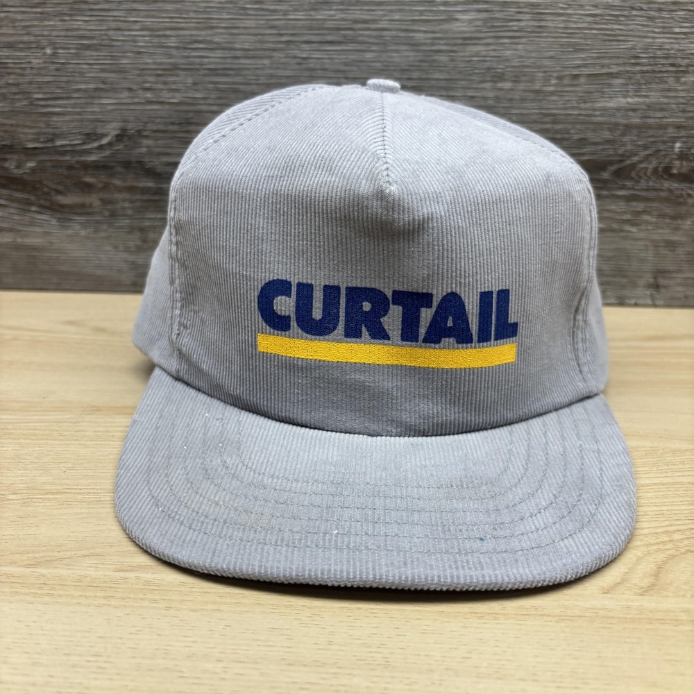 Vintage Curtail Hat Cap Snap Back Gray Corduroy Advertising Mens USA 80s